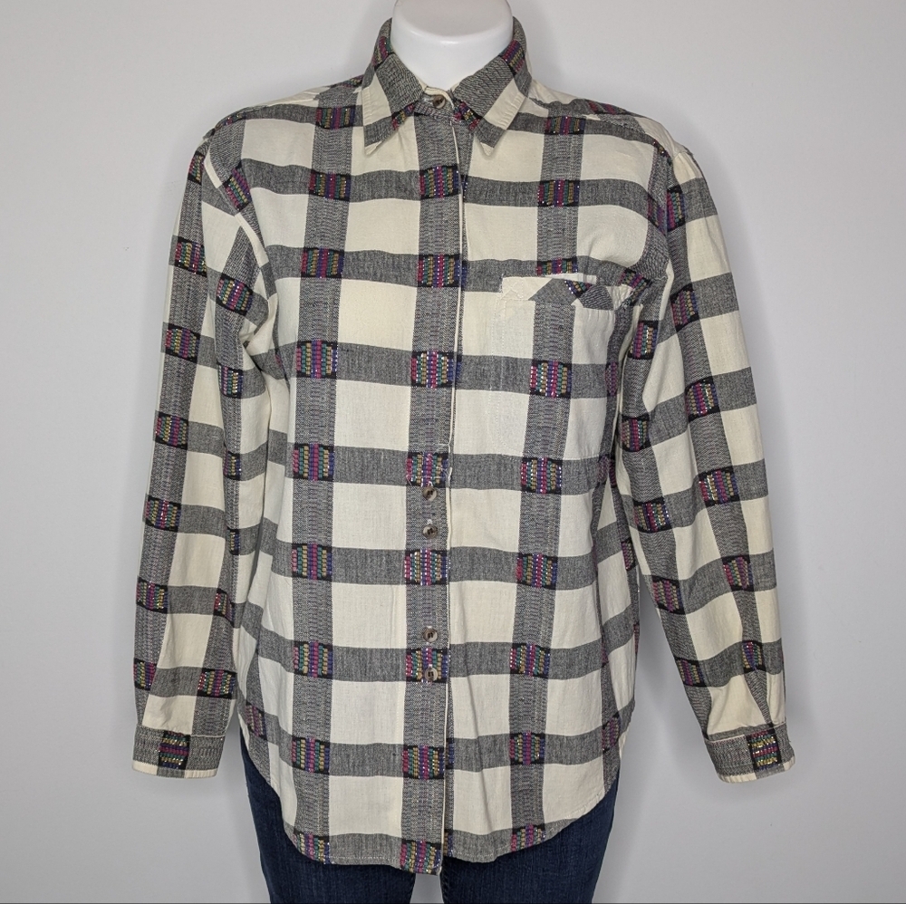 Vintage Schooners Black White Colorful Plaid Cotton Button Up 8